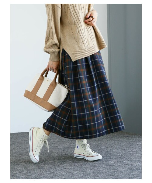 earth music&ecology（アースミュージックアンドエコロジー）の「レンチング™EV洗えるあったかスカート（スカート・ブラック/ベージュ/マスタード/ダークグリーン/チェックレッド/チェックネイビー/チェックブラウン/チェックブラック・F）」の18枚目の写真