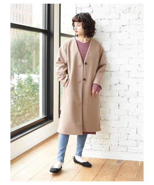 E hyphen world gallery（イーハイフンワールドギャラリー）の「【Special Price】ノーカラーロングコート（ジャケット/アウター・ブラック/ライトベージュ/ブラウン/ライトグリーン・F）」の2枚目の写真