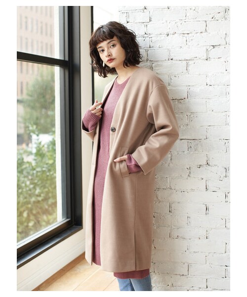 E hyphen world gallery（イーハイフンワールドギャラリー）の「【Special Price】ノーカラーロングコート（ジャケット/アウター・ブラック/ライトベージュ/ブラウン/ライトグリーン・F）」の4枚目の写真