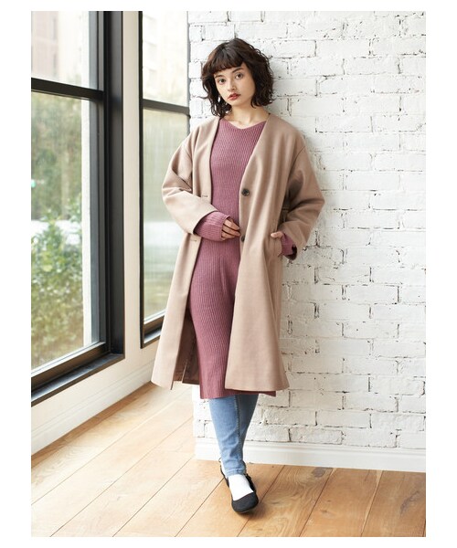 E hyphen world gallery（イーハイフンワールドギャラリー）の「【Special Price】ノーカラーロングコート（ジャケット/アウター・ブラック/ライトベージュ/ブラウン/ライトグリーン・F）」の3枚目の写真