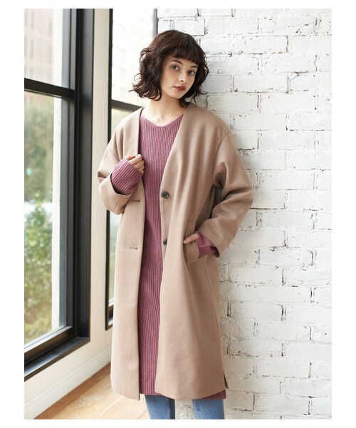 E hyphen world gallery（イーハイフンワールドギャラリー）の「【Special Price】ノーカラーロングコート（ジャケット/アウター・ブラック/ライトベージュ/ブラウン/ライトグリーン・F）」の14枚目の写真