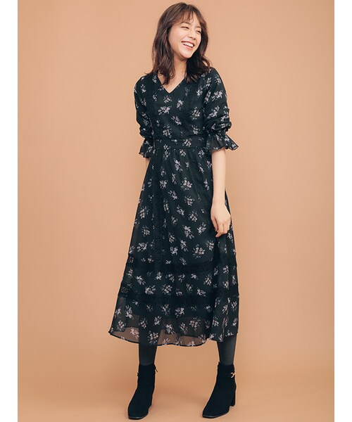 31 Sons de mode（トランテアン　ソン　ドゥ　モード）の「フラワープリントレース切替ワンピース（ワンピース/ドレス・レディース・ブラック/オフホワイト・36/38）」の5枚目の写真