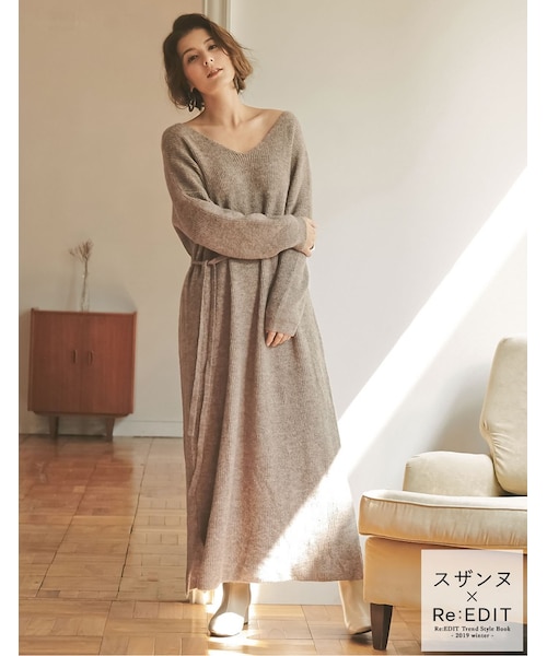 Re:EDIT(リエディ)の「ウォッシャブルVネックMIXニットワンピース(ワンピース/ドレス・レディース・アイボリーベージュ/モカ・M/L)」の1枚目の写真