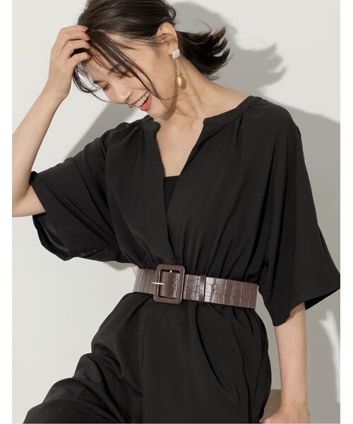 Re:EDIT（リエディ）の「[低身長向けSサイズ対応][お家で洗える]ウエストベルト付きVネックオールインワン（オールインワン・サロペット・レディース・ブラック/ブラウン/モカパープル・M/L/SC）」の11枚目の写真