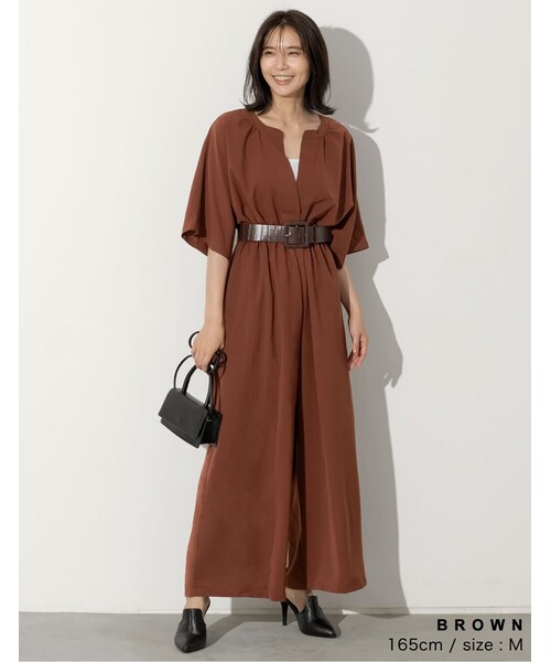 Re:EDIT（リエディ）の「[低身長向けSサイズ対応][お家で洗える]ウエストベルト付きVネックオールインワン（オールインワン・サロペット・レディース・ブラック/ブラウン/モカパープル・M/L/SC）」の8枚目の写真