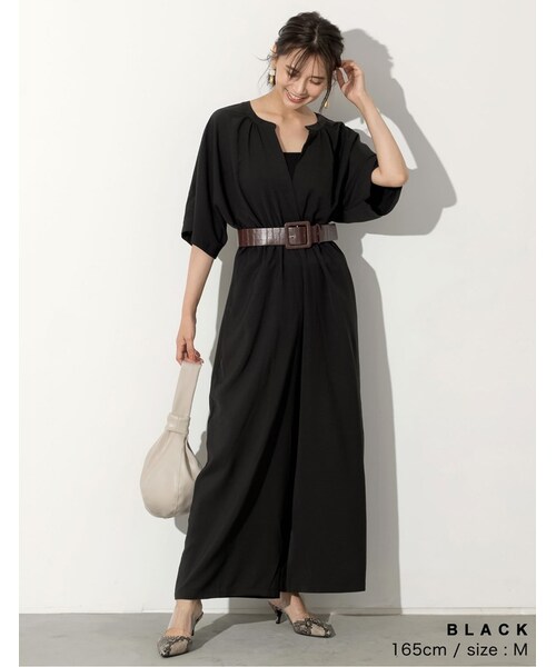 Re:EDIT（リエディ）の「[低身長向けSサイズ対応][お家で洗える]ウエストベルト付きVネックオールインワン（オールインワン・サロペット・レディース・ブラック/ブラウン/モカパープル・M/L/SC）」の6枚目の写真