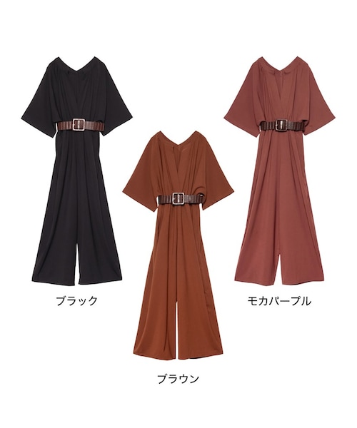 Re:EDIT（リエディ）の「[低身長向けSサイズ対応][お家で洗える]ウエストベルト付きVネックオールインワン（オールインワン・サロペット・レディース・ブラック/ブラウン/モカパープル・M/L/SC）」の3枚目の写真