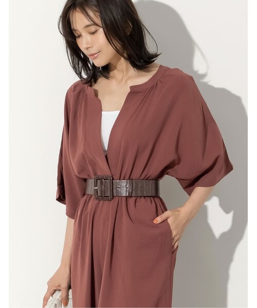 Re:EDIT（リエディ）の「[低身長向けSサイズ対応][お家で洗える]ウエストベルト付きVネックオールインワン（オールインワン・サロペット・レディース・ブラック/ブラウン/モカパープル・M/L/SC）」の13枚目の写真