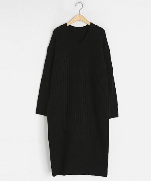 DHOLIC（ディーホリック）の「Vネックリブワンピース（ワンピース・レディース・ピンク/ブラウン/ブラック/ベージュ・FREE）」の2枚目の写真