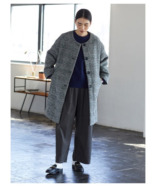 AMERICAN HOLIC(アメリカンホリック)の「ノーカラーフロントボタンコート(ジャケット/アウター・グレー/ブラックウォッチグリーン/グレンチェック・M/L)」の2枚目の写真