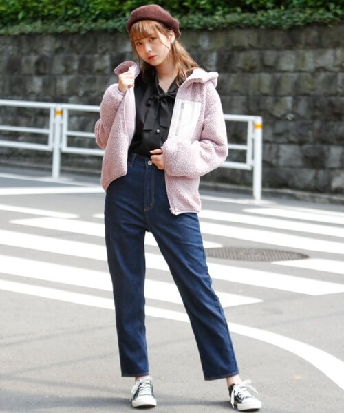 RAY CASSIN（レイカズン）の「配色ボアフードブルゾン（ジャケット/アウター・レディース・ブラウン/生成/ラベンダー・FREE）」の5枚目の写真