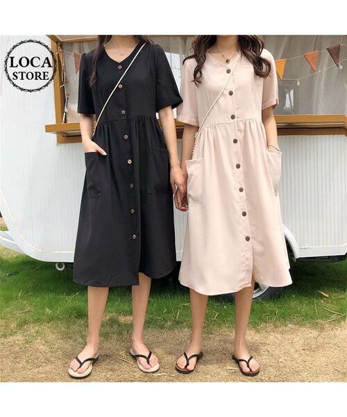 No Brand ノーブランド の レディース フロントボタン ワンピース Vネック シャツワンピース ミモレ丈 ビッグポケット 韓国ファッション Dct ワンピース Wear