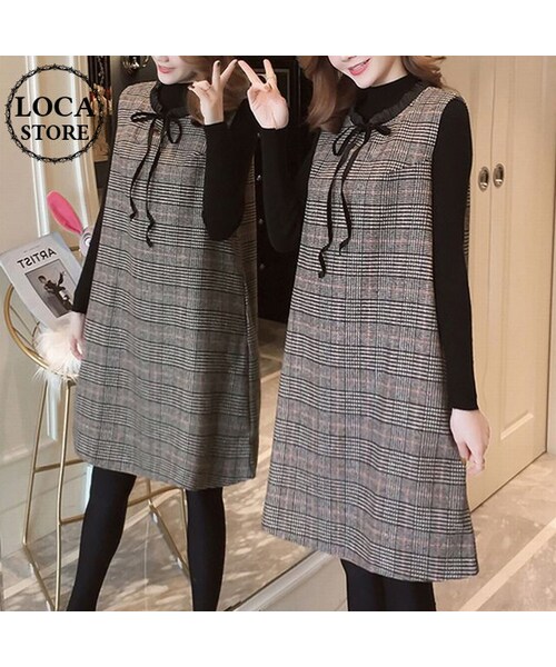 No Brand ノーブランド の レディース セットアップ ニットトップス サックワンピース ワンピース チェック柄 ボウタイ ジャンスカ マタニティ 秋 冬 韓国ファッション Dct ワンピース Wear