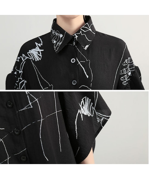 no brand（ノーブランド）の「レディース デザインプリント シャツワンピース 個性的ファッション モノトーン フリル アシンメトリー 半袖 韓国ファッション (DCT-574246284487)（ワンピース・レディース・その他）」の6枚目の写真