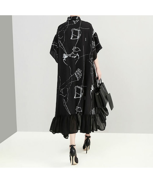 no brand（ノーブランド）の「レディース デザインプリント シャツワンピース 個性的ファッション モノトーン フリル アシンメトリー 半袖 韓国ファッション (DCT-574246284487)（ワンピース・レディース・その他）」の5枚目の写真