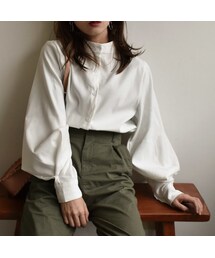 Lavish Gate | tops-02031　ボリュームスリーブ　バンドカラーシャツブラウス　ベージュ　ホワイト(シャツ/ブラウス)