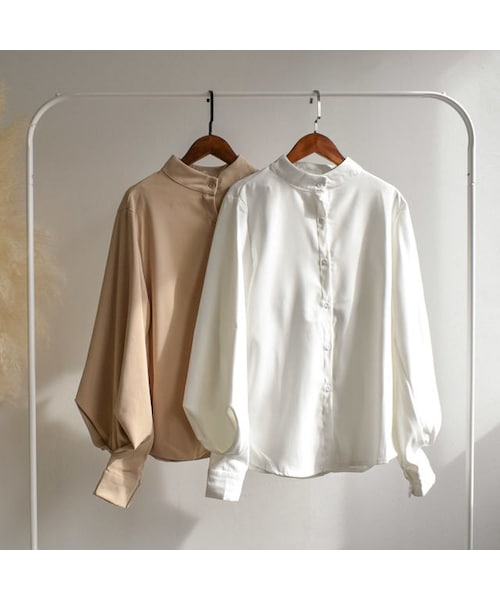 Lavish Gate（ラヴィッシュゲート）の「tops-02031　ボリュームスリーブ　バンドカラーシャツブラウス　ベージュ　ホワイト（シャツ/ブラウス・レディース・その他）」の11枚目の写真