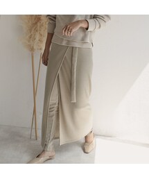 Lavish Gate | bottoms-04011 日本製 ウール混 バルフィーリブ ラップスカートレイヤードレギンス エクリュ モカベージュ(スカート)