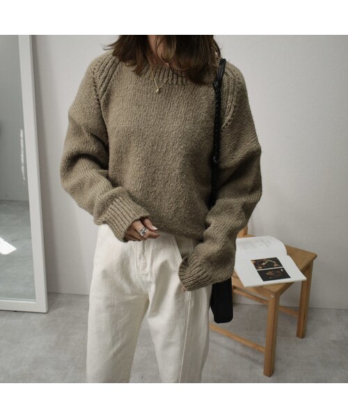 Lavish Gate(ラヴィッシュゲート)の「knit-02065 ウール混 クルーネックニットプルオーバー オートミール カーキ(ニット/セーター・レディース・その他)」の2枚目の写真