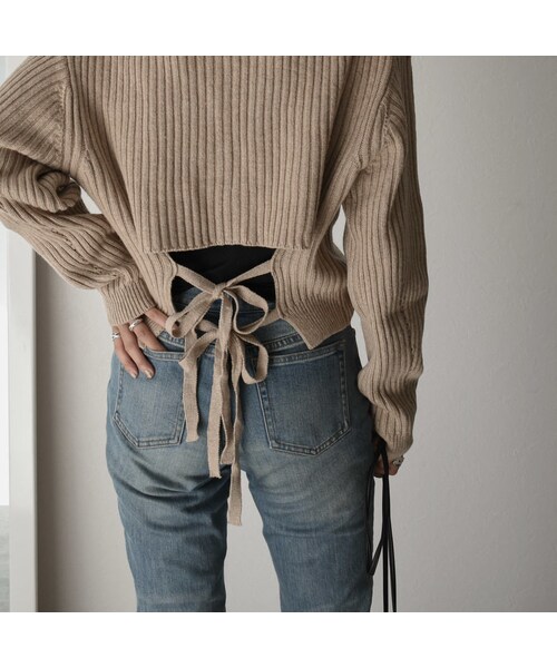 Lavish Gate（ラヴィッシュゲート）の「knit-02067　ウール混　バックリボンリブニット　オフホワイト　ベージュ　ブラック　カーキ（ニット/セーター・レディース・その他）」の5枚目の写真