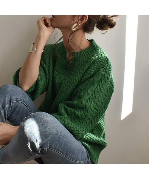 Lavish Gate（ラヴィッシュゲート）の「knit-02031　ウール混　キーネック　アランニットプルオーバー　グリーン（ニット/セーター・レディース・その他）」の9枚目の写真