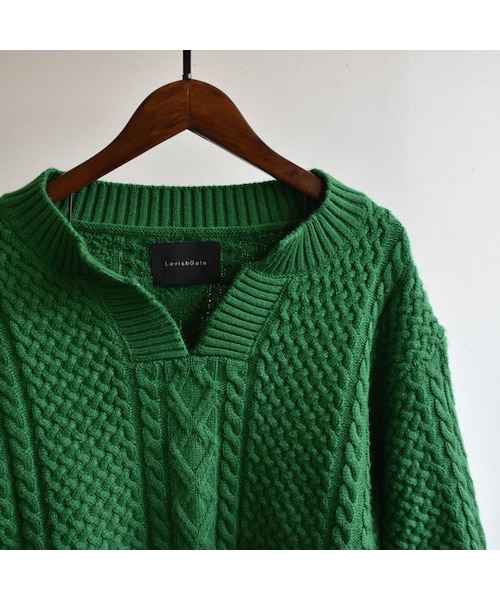 Lavish Gate（ラヴィッシュゲート）の「knit-02031　ウール混　キーネック　アランニットプルオーバー　グリーン（ニット/セーター・レディース・その他）」の12枚目の写真
