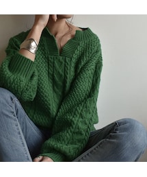 Lavish Gate | knit-02031　ウール混　キーネック　アランニットプルオーバー　グリーン(ニット/セーター)