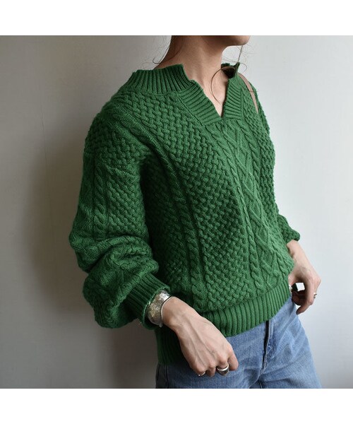 Lavish Gate（ラヴィッシュゲート）の「knit-02031　ウール混　キーネック　アランニットプルオーバー　グリーン（ニット/セーター・レディース・その他）」の2枚目の写真