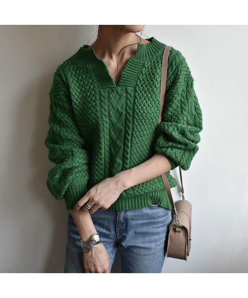 Lavish Gate（ラヴィッシュゲート）の「knit-02031　ウール混　キーネック　アランニットプルオーバー　グリーン（ニット/セーター・レディース・その他）」の4枚目の写真