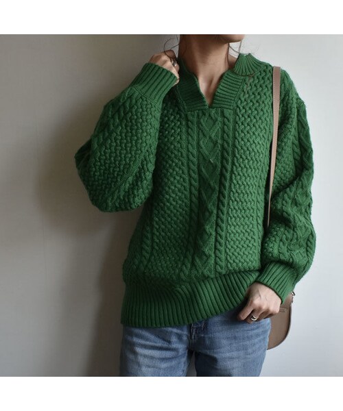 Lavish Gate（ラヴィッシュゲート）の「knit-02031　ウール混　キーネック　アランニットプルオーバー　グリーン（ニット/セーター・レディース・その他）」の5枚目の写真