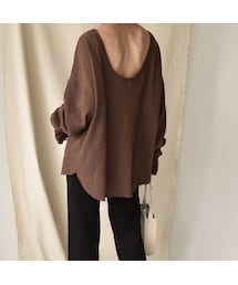 Lavish Gate | tops-04012 日本製 バックオープン ルーズ サーマル トップス ブラウン ベージュ(Tシャツ/カットソー)