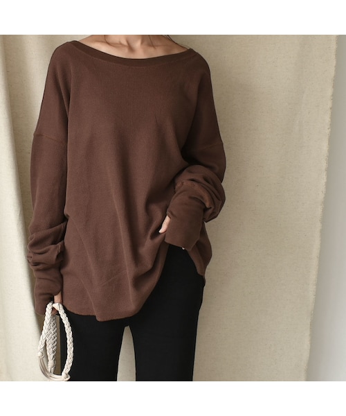 Lavish Gate(ラヴィッシュゲート)の「tops-04012 日本製 バックオープン ルーズ サーマル トップス ブラウン ベージュ(Tシャツ/カットソー・レディース・その他)」の4枚目の写真