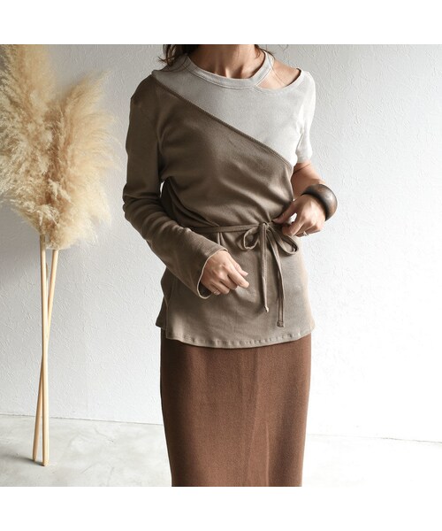 Lavish Gate（ラヴィッシュゲート）の「tops-04013　日本製　バイカラー　リブイレギュラープルオーバーセット　ライトグレージュ×カーキベージュ　カーキベージュ×モカ（Tシャツ/カットソー・レディース・その他）」の6枚目の写真