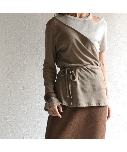 Lavish Gate（ラヴィッシュゲート）の「tops-04013　日本製　バイカラー　リブイレギュラープルオーバーセット　ライトグレージュ×カーキベージュ　カーキベージュ×モカ（Tシャツ/カットソー・レディース・その他）」の2枚目の写真