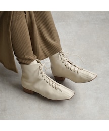 Lavish Gate | shoes-02091 エコレザー スクエアトゥレースアップブーツ アイボリー ブラック(ブーツ)