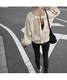 Lavish Gate | tops-04025 日本製 バックカシュクール 裏起毛スウェットプルオーバー ダークパープル エクリュ(スウェット)