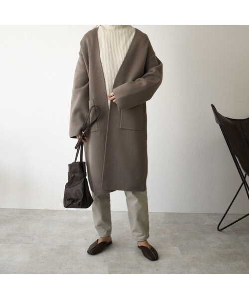 Lavish Gate（ラヴィッシュゲート）の「coat-02020　ウール混　ニットガウンコート　グレージュ（チェスターコート・レディース・その他）」の2枚目の写真