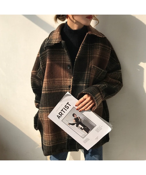 Lavish Gate（ラヴィッシュゲート）の「outer-02010　オーバーサイズ　起毛チェックジャケット　ブラウン　ブラック（ステンカラーコート・レディース・その他）」の5枚目の写真