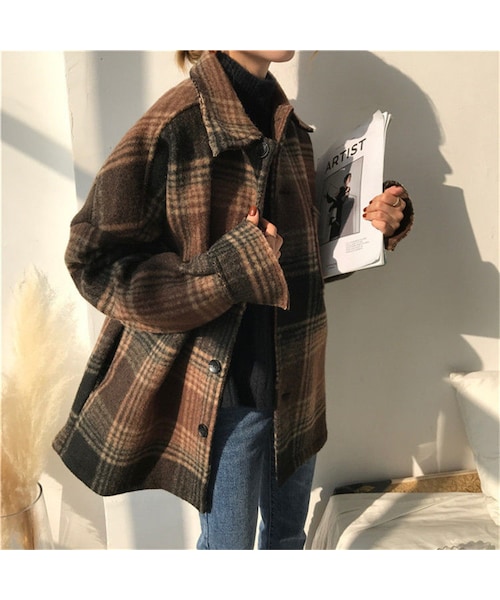 Lavish Gate（ラヴィッシュゲート）の「outer-02010　オーバーサイズ　起毛チェックジャケット　ブラウン　ブラック（ステンカラーコート・レディース・その他）」の7枚目の写真