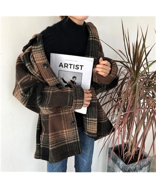 Lavish Gate（ラヴィッシュゲート）の「outer-02010　オーバーサイズ　起毛チェックジャケット　ブラウン　ブラック（ステンカラーコート・レディース・その他）」の2枚目の写真