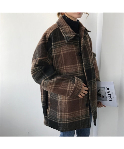 Lavish Gate（ラヴィッシュゲート）の「outer-02010　オーバーサイズ　起毛チェックジャケット　ブラウン　ブラック（ステンカラーコート・レディース・その他）」の8枚目の写真