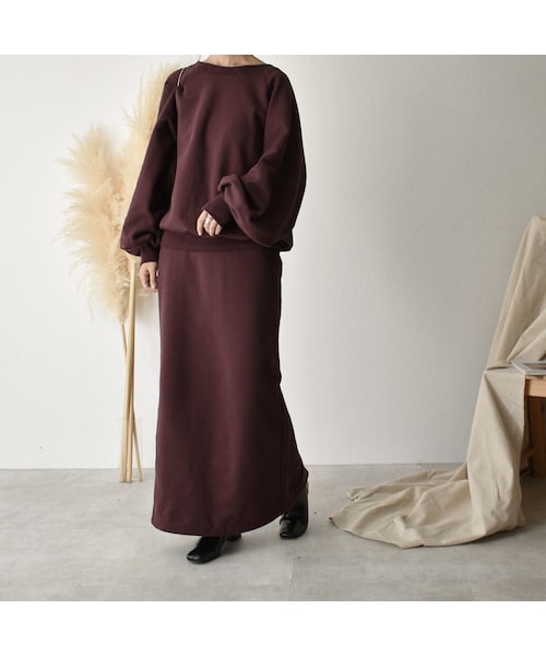 Lavish Gate（ラヴィッシュゲート）の「bottoms-04015　日本製　裏起毛スウェット　マキシ丈スカート　ダークパープル　エクリュ（スカート・レディース・その他）」の3枚目の写真