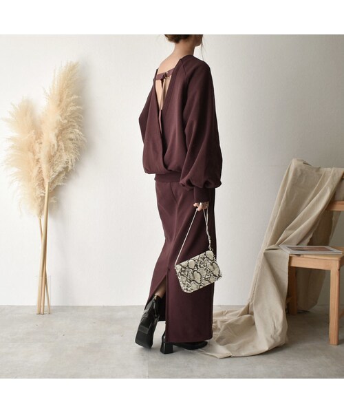 Lavish Gate（ラヴィッシュゲート）の「bottoms-04015　日本製　裏起毛スウェット　マキシ丈スカート　ダークパープル　エクリュ（スカート・レディース・その他）」の2枚目の写真