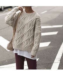 Lavish Gate | knit-02046 クルーネック ケーブル柄ニット ライトグレー ベージュ(ニット/セーター)