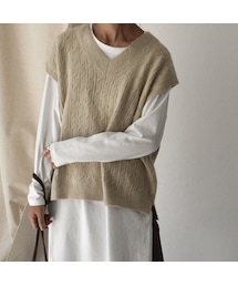 Lavish Gate | knit-02048 ウール混 ケーブル オーバーVネックニットベスト ベージュ(ベスト)