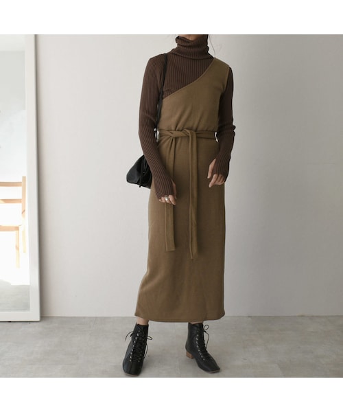 Lavish Gate(ラヴィッシュゲート)の「tops-04018 日本製 ミラノリブ ワンショルダーワンピース ベージュ モカ(ワンピース・レディース・その他)」の7枚目の写真