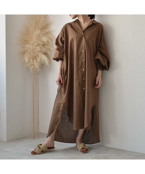 Lavish Gate(ラヴィッシュゲート)の「onepiece-04001 日本製 コットンリネン ルーズロングシャツ ワンピース エクリュ ブラウン(ワンピース・レディース・その他)」の3枚目の写真