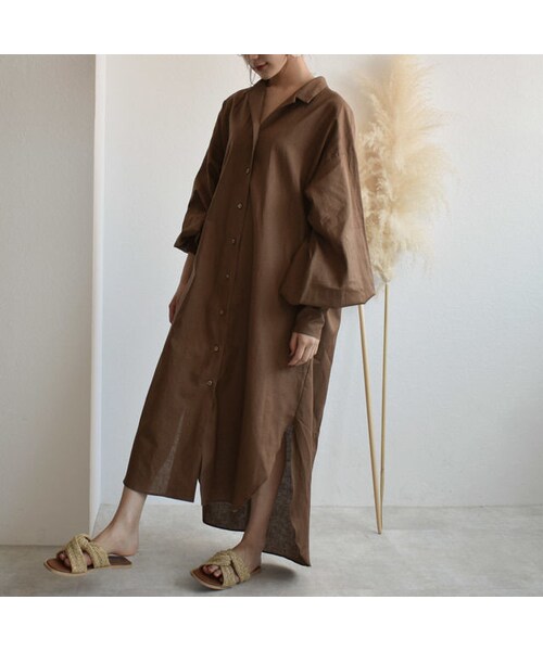 Lavish Gate(ラヴィッシュゲート)の「onepiece-04001 日本製 コットンリネン ルーズロングシャツ ワンピース エクリュ ブラウン(ワンピース・レディース・その他)」の2枚目の写真