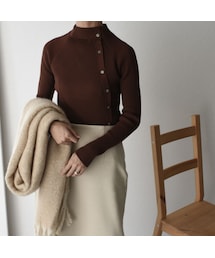 Lavish Gate | knit-02075　ボタンデザイン リブ ハイネック  ニット　ブラック　ブラウン　ダスティブルー　アイボリー(ニット/セーター)