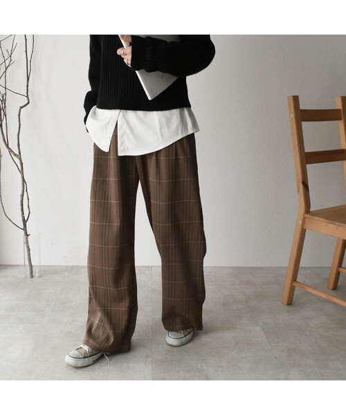 Lavish Gate（ラヴィッシュゲート）の「bottoms-02047　ツータック セミワイド チェックパンツ　ブラウン（その他パンツ・レディース・その他）」の2枚目の写真